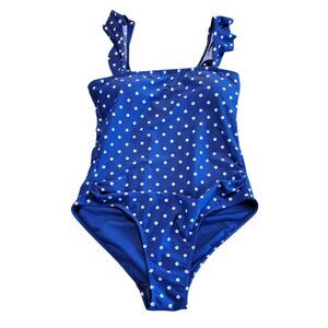 JONES New York Swimsuit Women’s M Blue White Polka Dot One Piece Stretch‎ Beach